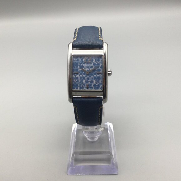 Coach Tank WatchWomen 25mm Silver Tone Blue Logo Dial Leather Band New Battery - Picture 2 of 15